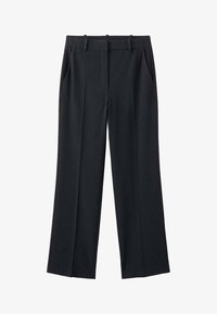 Pantalones a medida de raya diplomática negra con trabillas para cinturón, bolsillos laterales y piernas rectas y anchas.