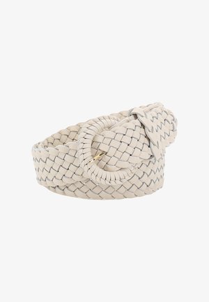 Gewebter Leder-Gürtel in hellem Beige mit einer runden Goldfarbenen Schnalle; zeichnet sich durch ein strukturiertes Design und abgerundete Kanten aus.