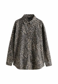 Long-sleeve button-up shirt with collar, single chest pocket, and black and gray leopard print pattern.