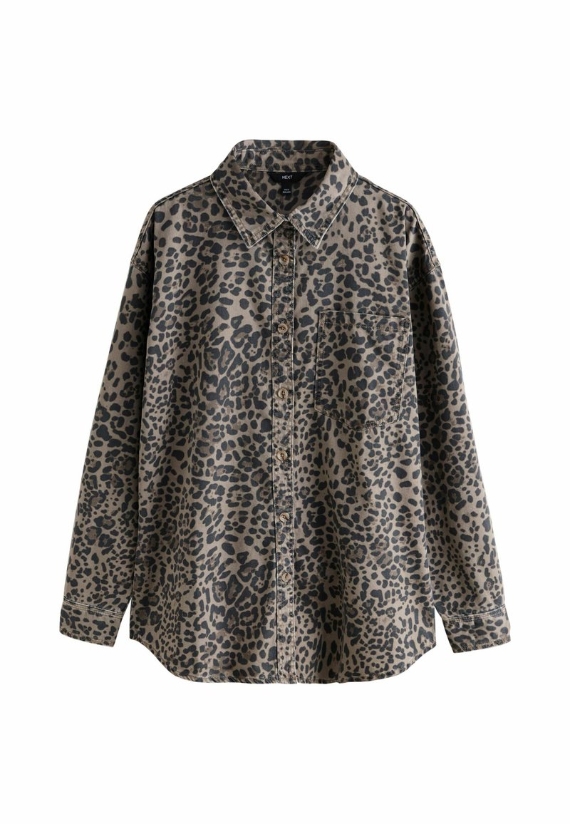 Long-sleeve button-up shirt with collar, single chest pocket, and black and gray leopard print pattern.