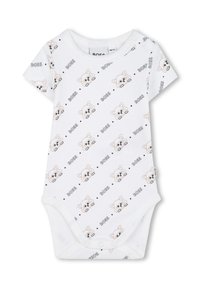 Bodysuit per neonati bianco a maniche corte con un motivo a facce di cane ripetuto e testo "BOSS". Tessuto in cotone morbido, chiusura a scatto sul fondo.