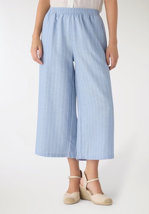 Kobieta w jasnoniebieskich, szerokich spodniach culottes z białymi prążkami oraz beżowych sandałach na koturnie z paskami wokół kostki.