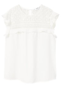 Blouse sans manches blanche avec yoke en dentelle, manches courtes à volants et fermeture à bouton en fente dans le dos.