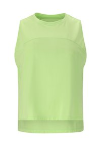 Ärmlös limegrön träningslinne med rundad hals, tillverkat av lättviktsmaterial, med rak fåll och en slät yta.