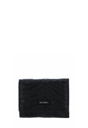Pochette en cuir noir texturé avec motif zigzag embossé et plaque logo argentée « PICARD » sur le rabat avant.
