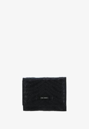 Pochette en cuir noir texturé avec motif zigzag embossé et plaque logo argentée « PICARD » sur le rabat avant.