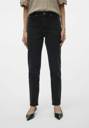 Sorte denim bukser med lige ben, der har et klassisk fem-lommer design, frontlukning med knap og minimale syninger.