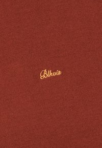 Πλεκτό ύφασμα σε χρώμα σκουριάς με μικρή κίτρινη καλλιγραφική κλωστή που γράφει "Blkwise" κοντά στο κέντρο.