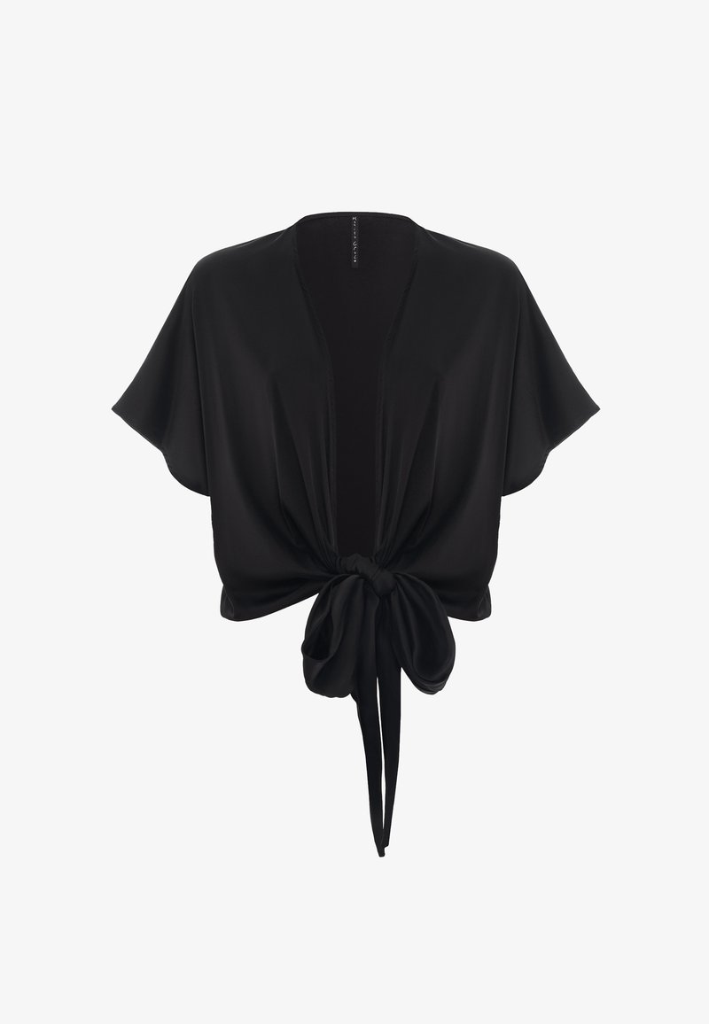 Blusa nera corta realizzata in tessuto morbido, con maniche corte, chiusura anteriore con nodo e design aperto sul davanti.