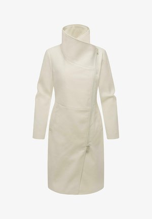 Kreemjas villa mantel kõrge kraega, asümmeetrilise esipöördega, pikkade varrukatega ja kahe küljetaskuga. Pehme tekstuur minimaalsete detailidega.