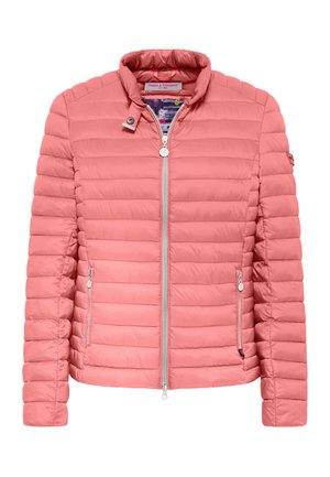 Leichte, gesteppten rosa Jacke mit Stehkragen, Frontreißverschluss und zwei seitlichen Taschen. Verfügt über einen strukturierten Stoff und subtile Branding-Akzente.
