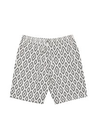 Shorts à motifs en tissu avec un fond blanc et des formes de diamants noires. Taille élastique ; design longueur genou.