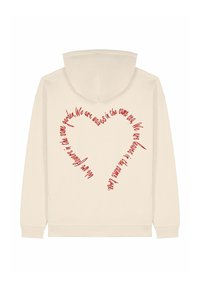 Felpa crema con un design a forma di cuore rosso realizzato da un testo curvato sul retro. Presenta un cappuccio con coulisse e polsini a coste sulle maniche.