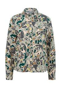 Camicia con bottoni caratterizzata da un motivo floreale astratto multicolore su uno sfondo chiaro, con colletto e maniche lunghe.