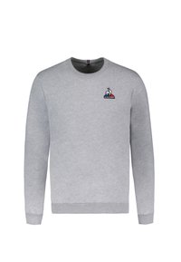 Sudadera gris claro de algodón, con cuello redondo, mangas largas y un pequeño logotipo bordado en el lado izquierdo del pecho.