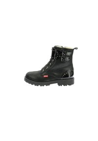 Botas negras hasta el tobillo con un acabado mate, que cuentan con dos detalles de hebilla, cuero texturizado y una suela de goma gruesa. Incluye un cordón en la parte delantera.
