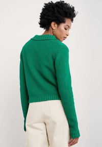 Grön stickad tröja med ett strukturerat mönster, med krage, ribbade muddar och kort längd. Bärs med beige byxor.