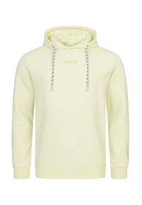 Lichtgele hoodie van zacht materiaal, met een voorzak in kangoeroe-stijl, verstelbare trekkoorden en een minimalistischer ontwerp zonder patronen.