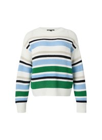 Sweter dzianinowy w paski w odcieniach niebieskiego, zielonego, białego, czarnego i beżowego; luźny krój, okrągły dekolt oraz ściągacze przy mankietach i u dołu.