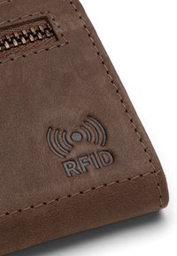 Brown leather wallet with a textured finish, featuring a zipper and an embossed RFID logo on the front. Stitching detail is visible.