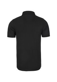 Černé polo tričko s krátkým rukávem, límcový styl, vyrobené z hladké látky, má jednoduchý zadní design bez vzorů nebo zdobení.