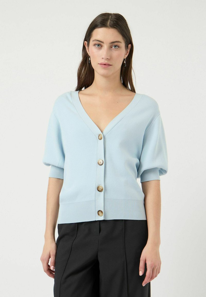 Vrouw draagt een lichtblauw kortmouwig V-hals vest met vier knopen en zwarte broek, staand tegen een effen witte achtergrond.