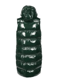 Green, glossy puffer vest with a hood, featuring horizontal quilted sections and a smooth, reflective finish. Designed without sleeves.