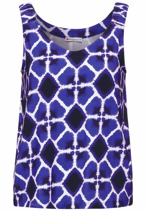 Sleeveless purple tank top featuring a geometric white and dark blue pattern, round neckline, and soft lightweight fabric.