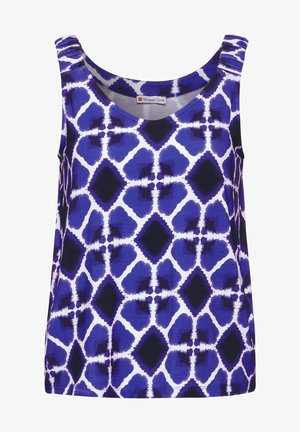 Débardeur sans manches violet avec un motif géométrique blanc et bleu foncé, encolure ronde et tissu léger et doux.