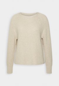Pull en maille beige avec col rond, texture côtelée, manches longues et coupe ample. Comprend des manches raglan et un ourlet inférieur droit.