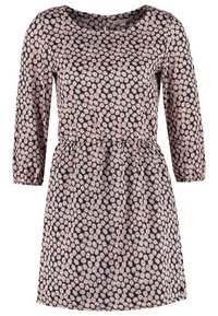 Granatowa sukienka z różowo-białym kwiatowym wzorem, z rękawami do trzech czwartych, okrągłym dekoltem i marszczoną talią.