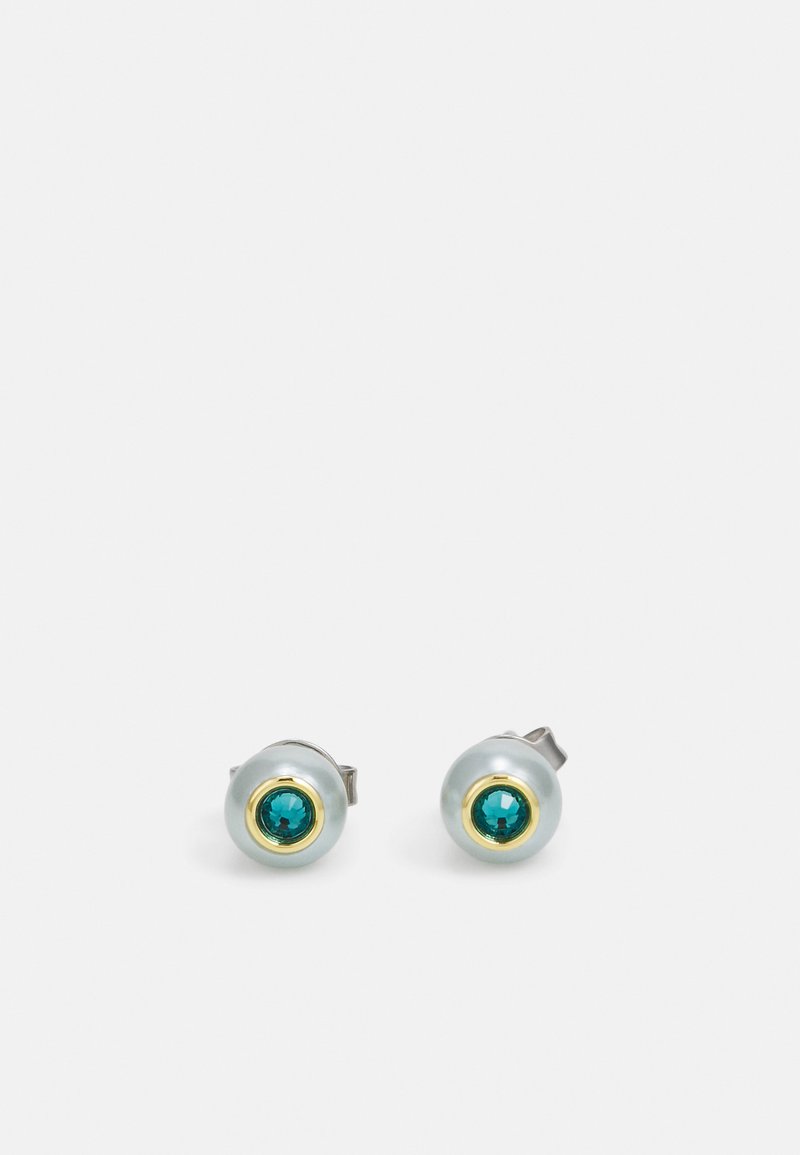 Round earrings featuring a smooth, shiny gray surface, each with a blue-green stone surrounded by a gold-tone metal accent.