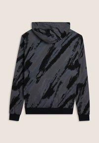 Sudadera con capucha en un patrón abstracto de pinceladas en gris y negro, con mangas largas y un ribete y puños en negro de canalé.