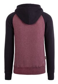 Farbenblockierte Kapuzenjacke mit einem burgunderfarbenen Körper und navyblauen Ärmeln. Sie hat eine Vordertasche und eine Kordelzugkapuze mit gerippten Bündchen.