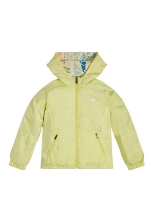 Light yellow, zip-up jacket with a hood, featuring two side pockets and a patterned interior lining. Made of smooth synthetic material.