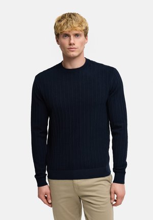 Młody mężczyzna o blond włosach, ubrany w granatowy sweter w prążki i beżowe spodnie, stojący na tle jednolitej białej ściany.