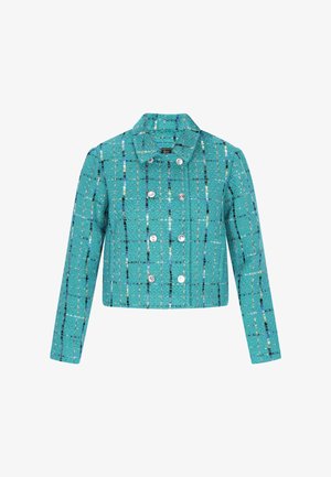 Türkisfarbene, gewebte Jacke mit kurzer Passform, langen Ärmeln, einem Reverskragen und silbernen Knöpfen; strukturiert mit einem Rautenmuster.