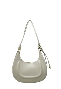 Torba hobo w jasnoszarym kolorze, wykonana z gładkiej skóry. Posiada zakrzywiony kształt, regulowany pasek na ramię oraz zamek błyskawiczny z akcentami w kolorze złotym.