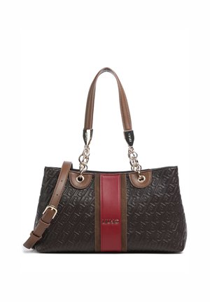 Borsa nera strutturata con striscia verticale marrone e rossa, due manici marroni con catene d'argento e tracolla regolabile.