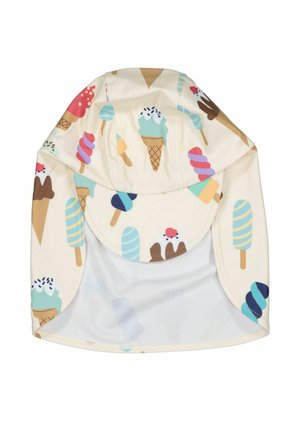 Kremfarvet solhat med skygge og mønster af isvaffel og ispind i pastelfarver, designet til barnets solbeskyttelse.