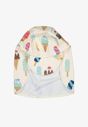 Kremfarvet solhat med skygge og mønster af isvaffel og ispind i pastelfarver, designet til barnets solbeskyttelse.