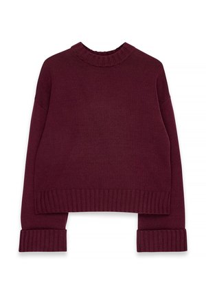 Maglione bordeaux lavorato a maglia con colletto rotondo, design cropped e polsini a coste. Realizzato in un tessuto morbido con una finitura texturizzata.