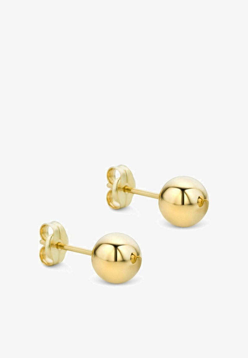 Zlaté guľaté náušnice, hladký povrch, zaoblený tvar, s uzáverom na zatlačenie, odrážajúce svetlo s lešteným povrchom.