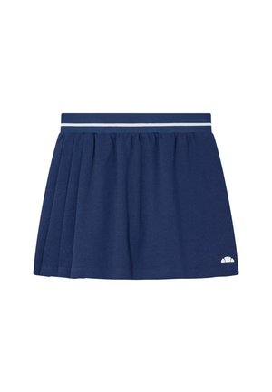 Marineblauwe geplooide rok met een witte streep op de tailleband en een klein wit logo aan de rechteronderkant, plat gelegd op een witte achtergrond.