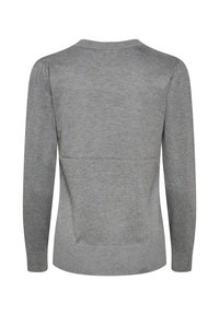 Grauer Pullover mit Rundhalsausschnitt, langen Ärmeln und geripptem Saum. Glatte Textur, taillierte Passform, minimale Nähte auf der Rückseite.