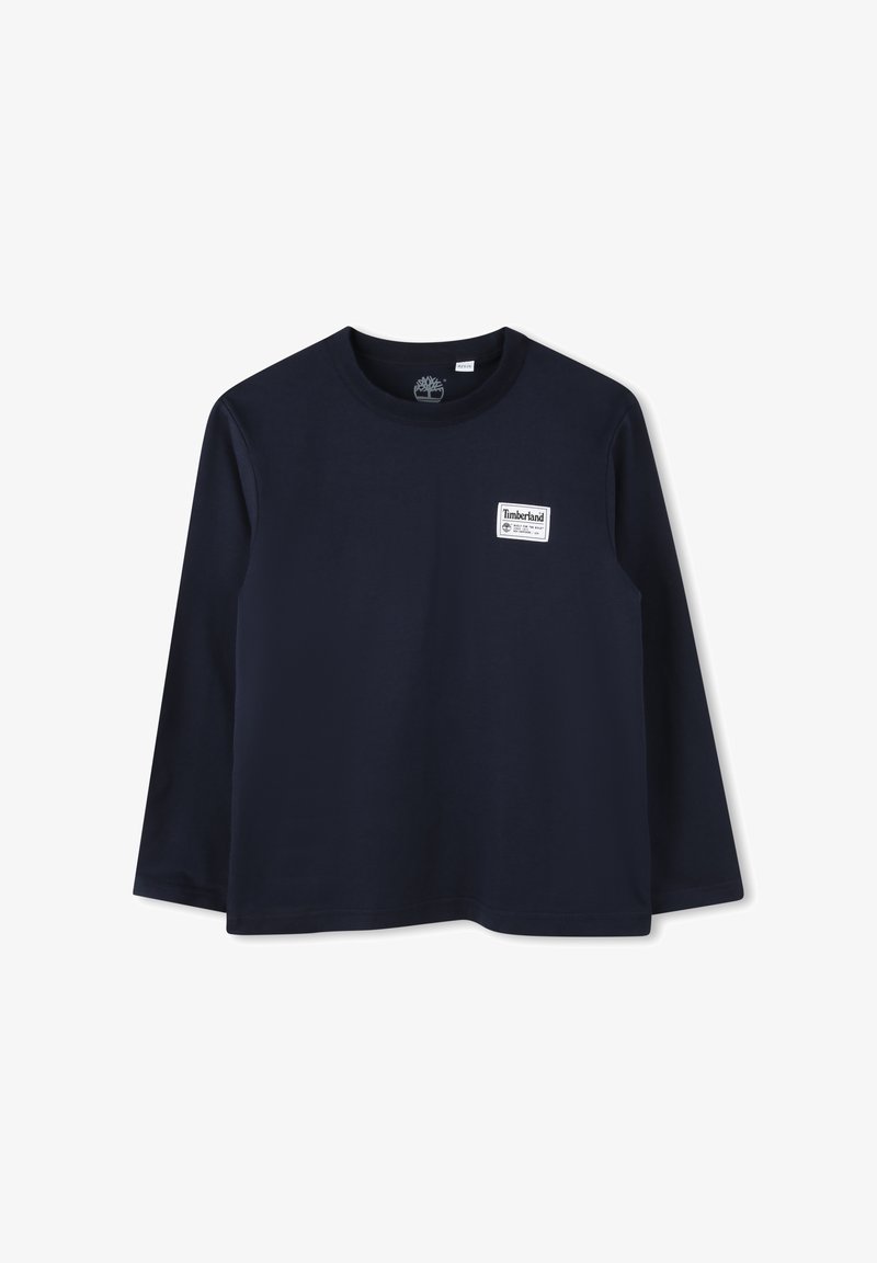 Marineblauw T-shirt met lange mouwen van katoen met een ronde halslijn. Bevat een wit Timberland-logo op de linkerborst. Heerlijke zachte textuur.
