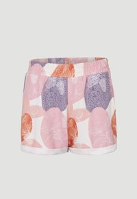 Shorts enfants à taille élastique avec ourlets retroussés présentant un motif floral abstrait pastel en rose, violet, orange et blanc.