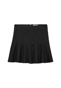 Jupe noire évasée en tissu texturé, avec une taille ajustée et une fermeture éclair dissimulée à l'arrière. Sans motifs visibles.
