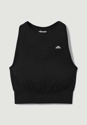 Black sports crop top made of textured fabric with a chevron pattern. Features a banded bottom and a small logo on the left chest.
