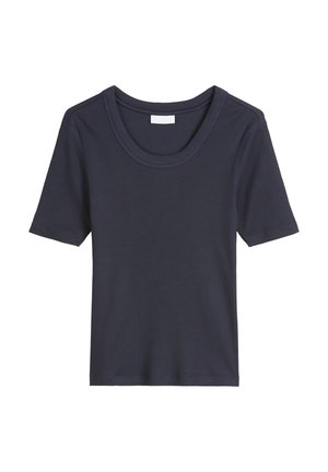 Marineblaues, geripptes T-Shirt mit kurzen Ärmeln und rundem Halsausschnitt, aus strukturiertem Stoff und mit lockerer Passform. Keine sichtbaren Verzierungen.